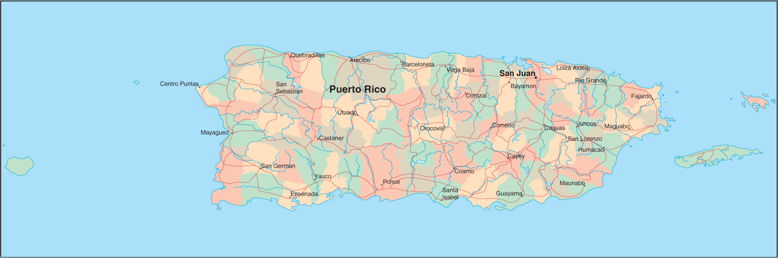 This detailed map of Puerto Rico shows the islands and water features as 