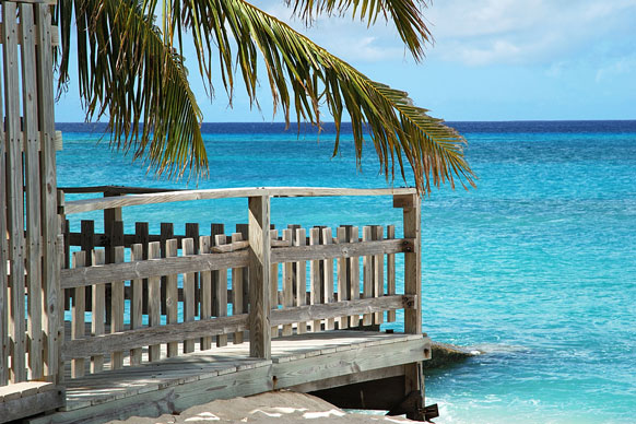 wooden deck and palm tree on Cockburn Town beach