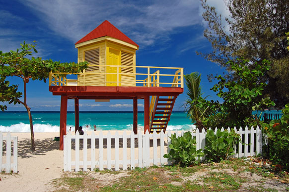 red and yellow lifeguard booth